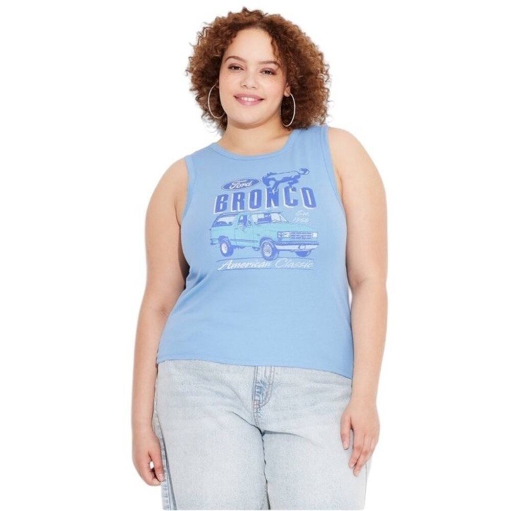 Hybrid Apparel Ford Bronco Graphic Light Blue Crop Tank Top Size L
